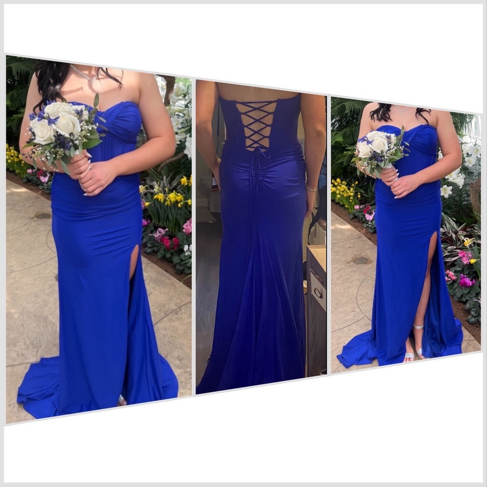 La Femme Royal Blue Strapless Gown size 4. Worn one. Original owner.